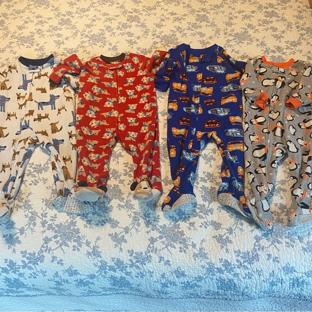 Carter's 12 month Fleece Zip up Jammies with non-slip footies - Blue, Red, Gray